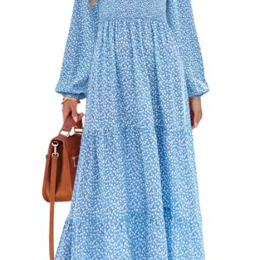 Flowy Floral Maxi Dress Smocked Tiered Long Sleeve Spring Boho Chic - Picture 2 of 8